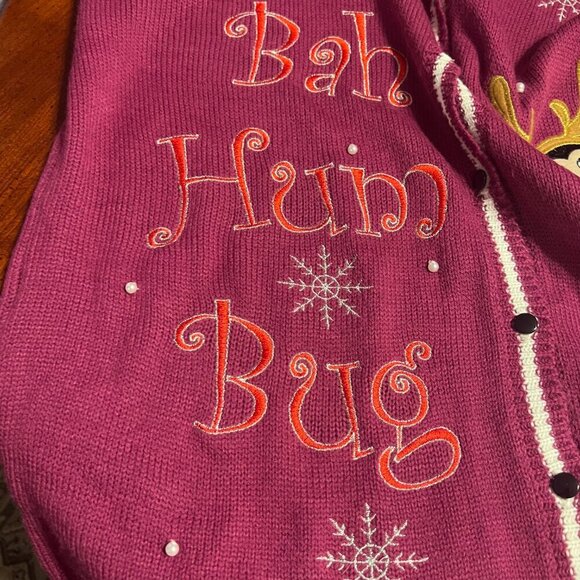 Holiday Time Plum Color Button up BAH HUM BUG Sweater Vest Lady Bugs Holiday XL - Picture 10 of 10
